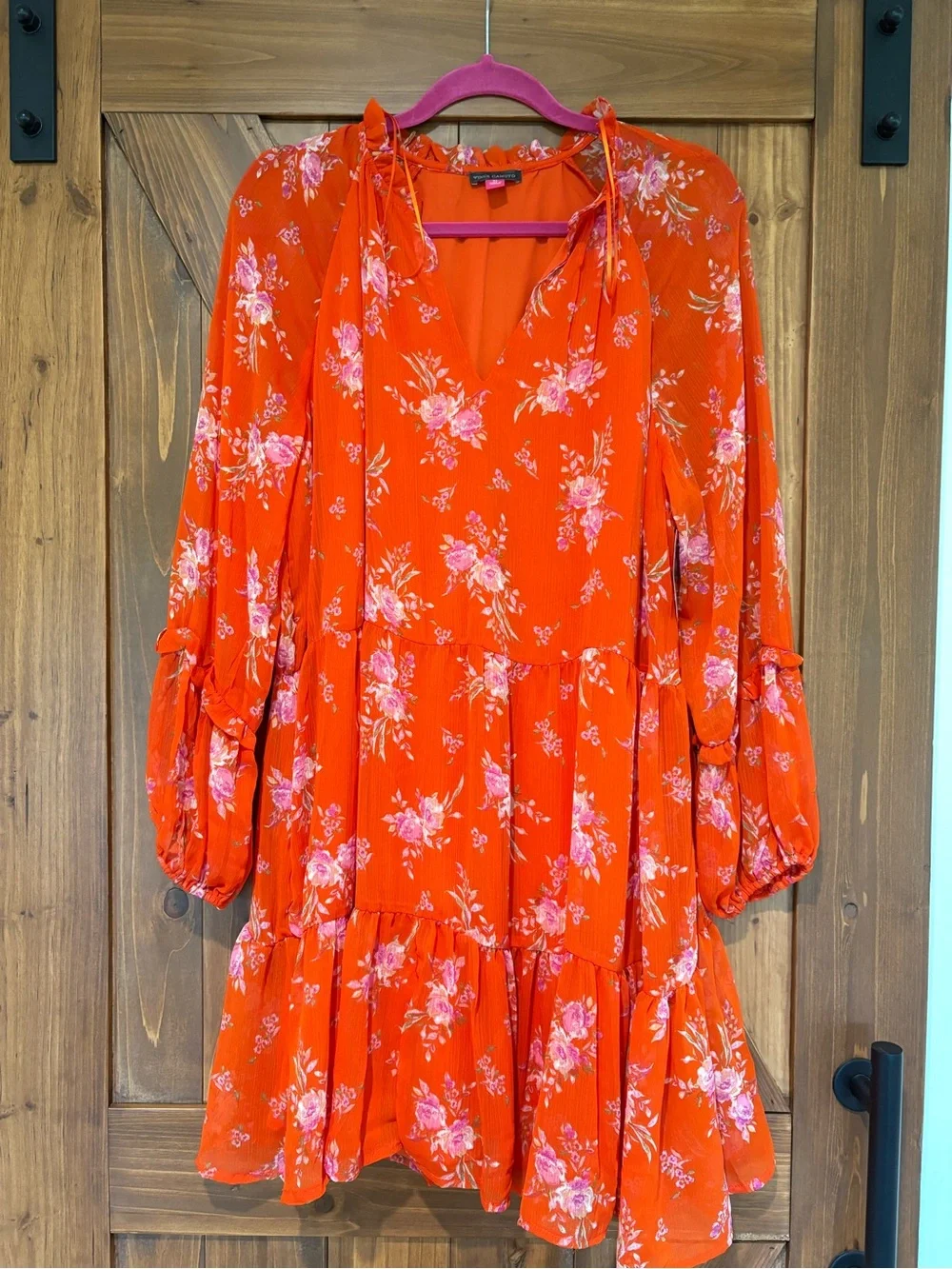 Vince Camuto Orange Floral Long-Sleeve Tie-Neck Tiered Dress